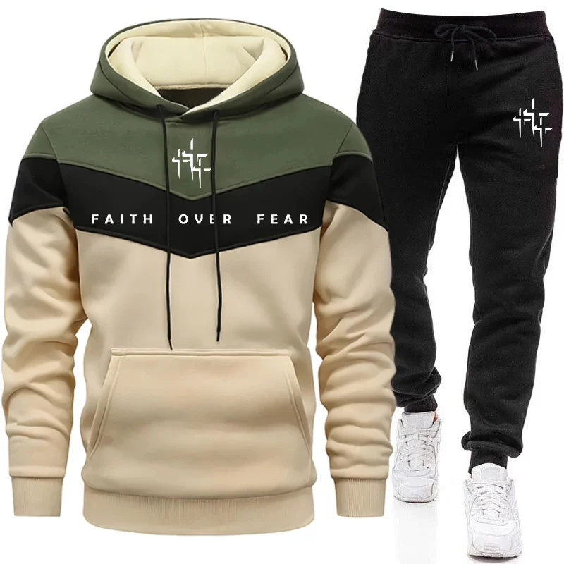 Joggers Pants - Faith Over Fear メンズ トラックスーツ フード付きスウェットシャツとジョガーパンツ