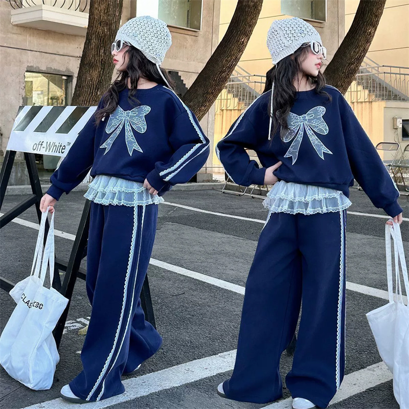 Running Gear Kids - 秋の女の子のレースセット子供蝶ネクタイスーツ新しい子供長袖スウェットシャツズボン 2 ピース春ルーズカジュアルスポーツ衣装
