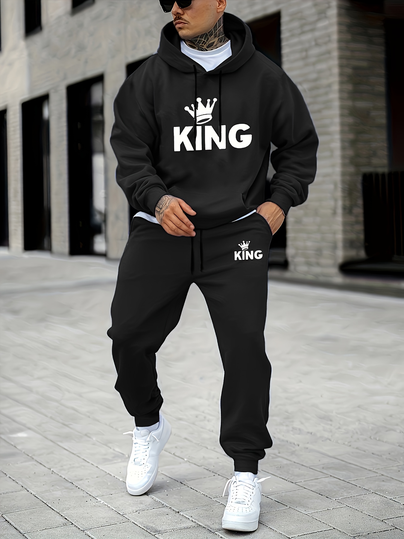 Joggers Pants - メンズ キングクラウンプリントトラックスーツ 2ピースセット、フード付きスウェットシャツ＋ジョガーパンツ カジュアルスポーツウェアセット メンズ2ピースセット