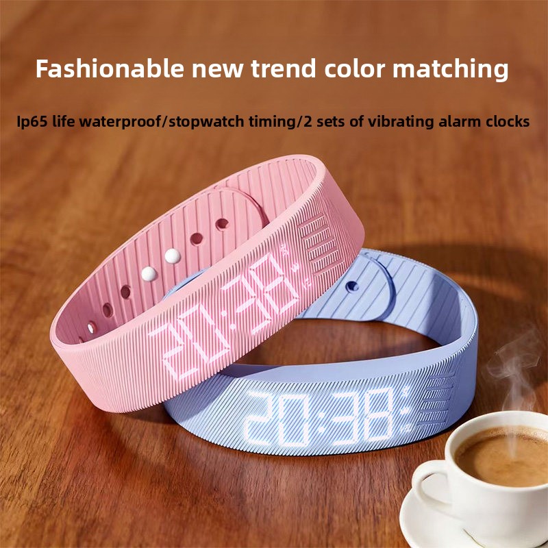 Running Watch - LEDデジタル目覚まし時計、調節可能なシリコン製スヌーズ防止アラームブレスレット、歩数計付き、防水、振動アラーム機能搭載