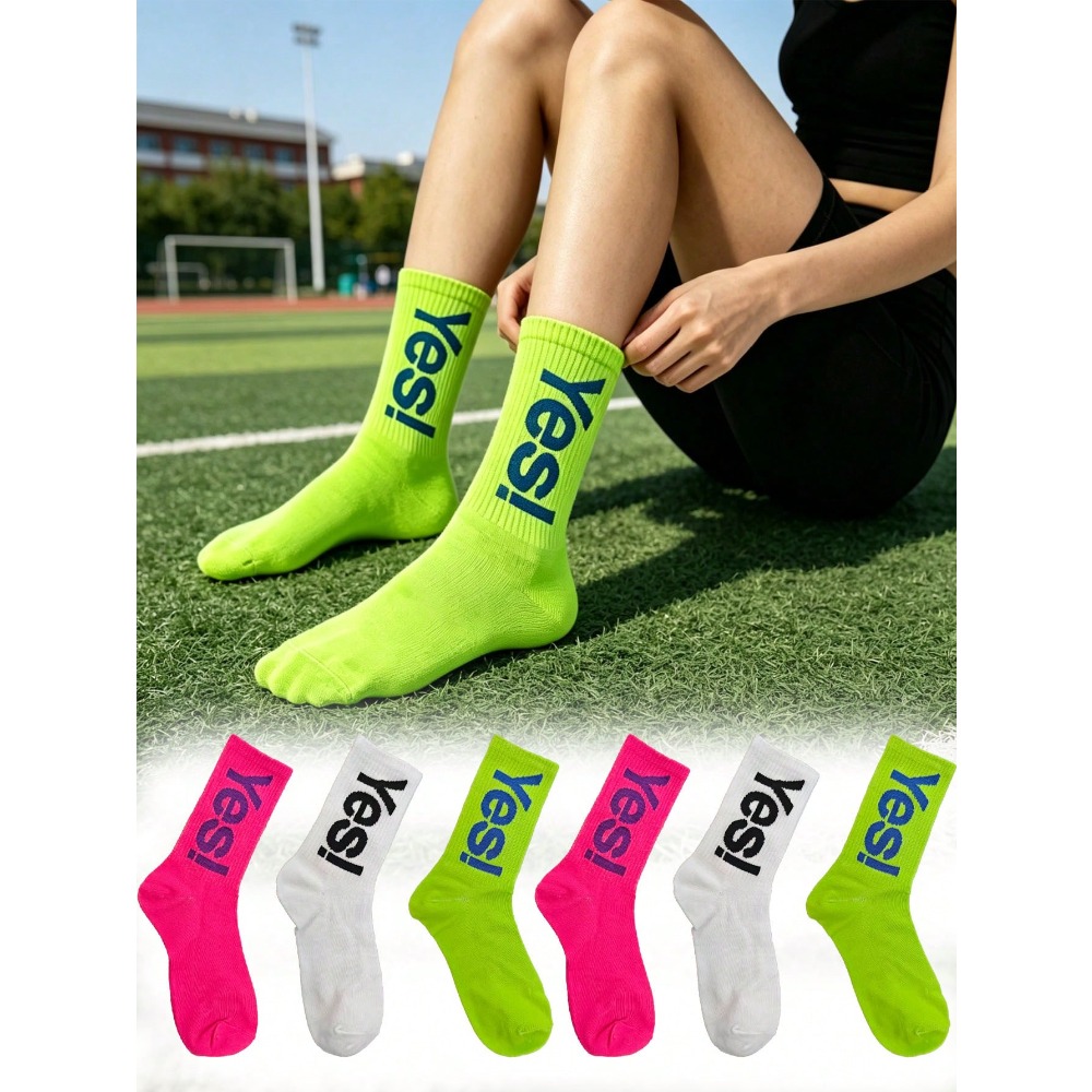 Sports Socks - 1/4 ペアの蛍光文字パターンソックス、通気性のあるスポーツソックス、10代の女の子の日常着やスポーツに適しています。