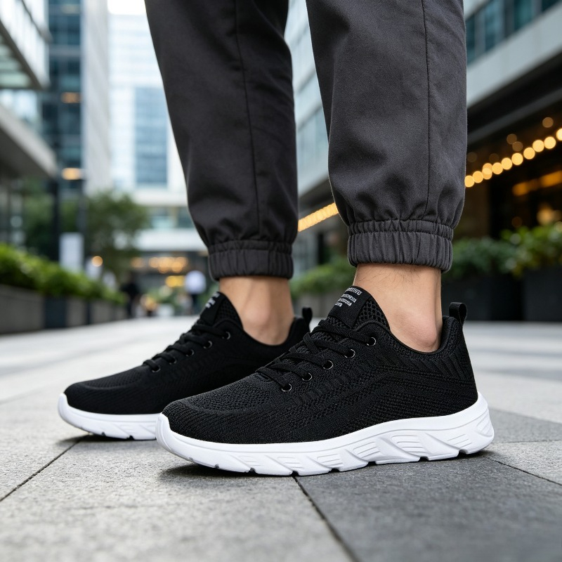 通気性のあるニット素材のスニーカー。白、厚底、シューレース付 - Running Shoes Men のレビューと価格